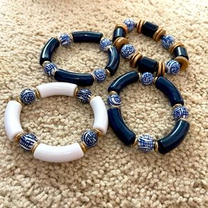 Set of 4 Canvas navy & white porcelain &resin (3) porcelain &wood (1) bracelets